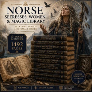 May include: A digital collection of 13 books titled Norse Seeresses, Women & Magic Library, featuring a stack of dark-bound volumes with gold lettering, an open illustrated book, a carved cup, and a central figure holding a staff.