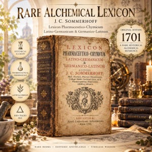 May include: A vintage, leather-bound book titled Rare Alchemical Lexicon by J. C. Sommerhoff, dated 1701. The cover features aged, textured paper with black printed text and a central emblem. The spine is dark brown with gold-colored decorative accents.