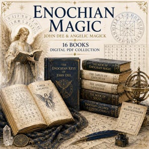 May include: A digital PDF collection titled Enochian Magic: John Dee & Angelic Magick featuring 16 books. The image displays an open book titled Liber Logaeth, a stack of five books, an illustration of an angel, a celestial sphere, and a quill.