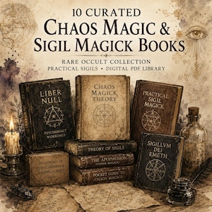 Könnte beinhalten: Eine Sammlung von 10 digitalen PDF-Büchern mit dem Titel 10 Curated Chaos Magic & Sigil Magick Books, Rare Occult Collection, Practical Sigils. Das Bild zeigt Bücher im Vintage-Stil, eine brennende Kerze, ein Tintenfass und Pergament mit Siegeln.