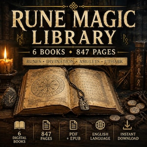 May include: A digital collection titled RUNE MAGIC LIBRARY featuring 6 books and 847 pages. The image displays an open antique book with a circular rune diagram and a rune pendant, alongside a lit candle and scattered rune stones on a dark surface.