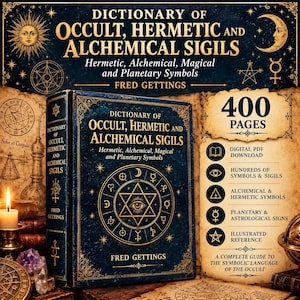 May include: A dark blue hardcover book titled Dictionary of Occult, Hermetic and Alchemical Sigils by Fred Gettings. The cover features gold foil celestial designs, a central eye within a star, and planetary symbols. It includes 400 pages.