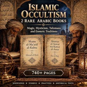 Può includere: Due libri in stile antico intitolati Shams al-Ma'arif al-Kubra e Shumus al-Anwar wa Kunuz al-Asrar, con bordi decorati e testo sulle copertine. I libri sono esposti davanti a due figure con turbante intente a leggere.