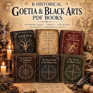 Biblioteca Goetia & Black Arts | 6 livros históricos em PDF sobre ocultismo, incluindo Salomão, espíritos, bruxaria, adivinhação e magia cerimonial.