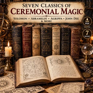 May include: A collection of seven books titled Seven Classics of Ceremonial Magic, including works by Solomon, Abramelin, Agrippa, and John Dee. An open book displays a circular geometric diagram and a sun illustration with handwritten text.