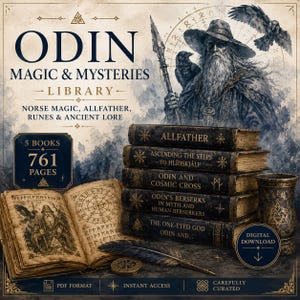 May include: A digital collection titled ODIN MAGIC & MYSTERIES LIBRARY featuring five dark-bound books with gold lettering, an open illustrated book with runes, a quill, and a goblet. The text includes 5 BOOKS 761 PAGES and DIGITAL DOWNLOAD.