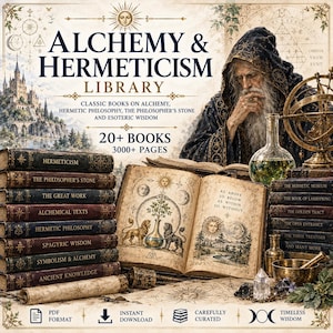May include: A digital collection titled Alchemy & Hermeticism Library featuring 20+ books and 3000+ pages. The image displays a bearded figure in a dark robe, an open book with illustrations, stacks of vintage-style books, a glass flask, and a mortar.