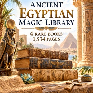 Peut inclure: Une collection de quatre livres anciens avec des hiéroglyphes égyptiens dorés, empilés horizontalement. Le texte indique ANCIENT EGYPTIAN MAGIC LIBRARY, 4 RARE BOOKS, 1,534 PAGES. Une statue de faucon, une fleur de lotus et un ankh sont visibles.