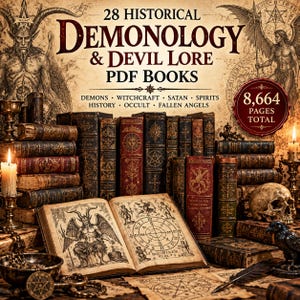 Pode incluir: Uma coleção de 28 livros PDF históricos sobre demonologia e folclore do diabo com um total de 8.664 páginas. A imagem mostra livros de estilo antigo, um crânio humano, uma estatueta de corvo, velas e um livro aberto com ilustrações.