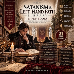 Puede incluir: Una colección digital titulada Satanism & Left-Hand Path Library que incluye 21 libros en PDF. La imagen muestra a una persona leyendo un libro abierto en una biblioteca, rodeada de pilas de libros, velas y símbolos ocultos como pentagramas.