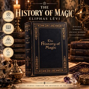May include: A black hardcover book titled The History of Magic by Eliphas Lévi with gold embossed decorative borders and text. The book is surrounded by a skull, a brass incense burner, stacked books, and crystals on a parchment map surface.