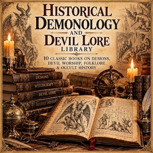 Puede incluir: Una colección de libros titulada Historical Demonology and Devil Lore Library, que incluye una pila de cuatro volúmenes etiquetados como Demons, Witchcraft, Devil Lore y Occult History, junto a un libro abierto con ilustraciones, velas y una calavera.