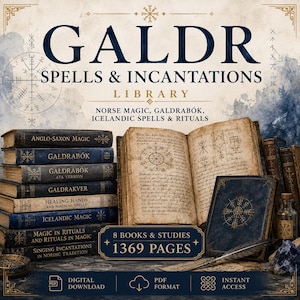 May include: A digital collection titled GALDR SPELLS & INCANTATIONS LIBRARY featuring a stack of eight antique-style books, an open book with runic symbols, and a closed book with a gold compass design. Includes 1369 pages in PDF format.