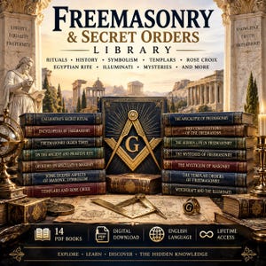 Könnte beinhalten: Eine digitale Sammlung mit dem Titel Freemasonry & Secret Orders Library mit 14 PDF-Büchern. Das Bild zeigt Stapel von Büchern im antiken Stil mit Titeln wie Encyclopedia of Freemasonry und The Templar Orders of Freemasonry, neben einem Winkel- und Zirkelsymbol, einem goldenen Ring und einem Zeichenwerkzeug auf einer Karte.