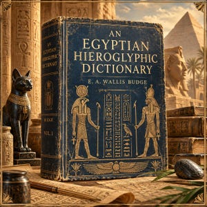 Pode incluir: Um livro de capa dura azul-escuro intitulado An Egyptian Hieroglyphic Dictionary de E. A. Wallis Budge. A capa apresenta ilustrações douradas em relevo de duas figuras, hieróglifos e um disco solar alado, com bordas desgastadas.