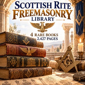 Peut inclure: Une pile de quatre livres anciens intitulés Scottish Rite Freemasonry Library, ornés de symboles maçonniques dorés, d'aigles et de colonnes. L'ensemble compte 2 427 pages, accompagné d'un emblème en laiton équerre et compas et d'une bougie.