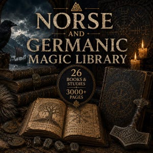 May include: A collection of books titled Norse and Germanic Magic Library, featuring 26 books and studies with 3000+ pages. The image displays an open book with a tree illustration, a closed book with a runic symbol, a hammer, and candles.