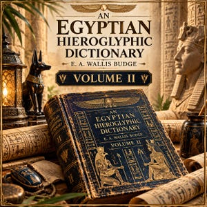 Könnte beinhalten: Ein dunkelblaues Hardcover-Buch mit dem Titel An Egyptian Hieroglyphic Dictionary Volume II von E. A. Wallis Budge, verziert mit goldenen Illustrationen ägyptischer Gottheiten und Hieroglyphen, umgeben von Schriftrollen und Artefakten.