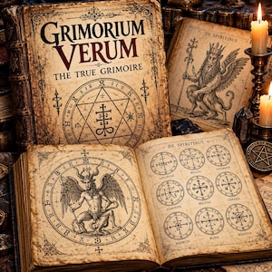 May include: A hardcover book titled Grimorium Verum The True Grimoire with an open book beside it. The pages feature black ink illustrations of a winged figure, circular sigils, and text including De Spiritibus, Lucifuge, and Belial.
