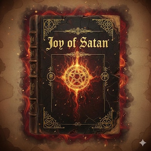 May include: A dark, leather-bound book titled "Joy of Satan" with gold lettering and ornate designs. The cover features a glowing pentagram and is surrounded by fiery orange and red flames, creating a dramatic and mystical aesthetic.
