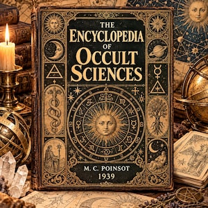 May include: A hardcover book titled The Encyclopedia of Occult Sciences by M. C. Poinsot, 1939. The dark cover features gold embossed celestial, astrological, and mystical illustrations, including a central sun face and zodiac symbols.