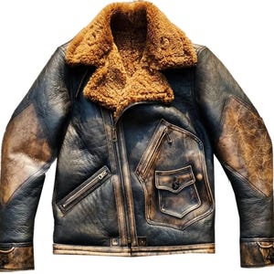 May include: A distressed black leather jacket with a brown shearling collar and lining. The jacket features a zip closure, multiple pockets, and brown leather patches on the shoulders and sleeves. The jacket has a vintage, worn look.