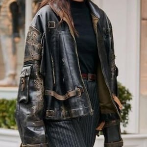 Oversized handgemaakte zwarte leren damesjas – vintage biker Aviator-jas, grunge-streetwear-bovenkleding