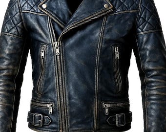 Può includere: Una giacca da motociclista in pelle blu scuro invecchiata con chiusura a zip e spalle trapuntate.
