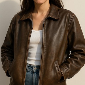 Blouson motard style A2 pour femmes militaires surdimensionné des années 1960 fait main Streetwear Wax effet vieilli marron en cuir de mouton véritable Manteau ample en cuir de mouton