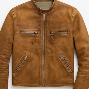 Cafe Racer Italian Style Biker Jacket Wax Tan Genuine Cowhide Leather Handmade Distressed Motorcycle Rider Streetwear Coat
