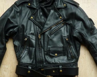 60s Military Black Cowhide Leather Biker Jacket: Belted Waist