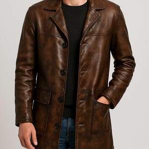Distressed Wax Brown Dark Tan Trench Coat Mens Genuine Cowhide Leather Handmade Battle Costume Halloween Jacket Vintage Streetwear Overcoat