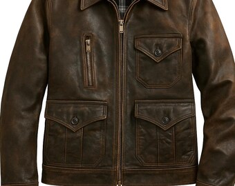 1980s Military Style Brown Cowhide Leather Jacket - Mens Vintage Streetwear