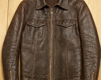 Distressed Brown Cowhide Leather Motorcycle Jacket: 1950s Retro Biker Style