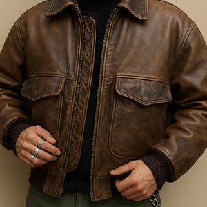 Blouson aviateur en cuir marron vintage des années 80, style aviateur militaire robuste fait main, cuir de vachette, effet vieilli, vêtements d'extérieur pour hommes