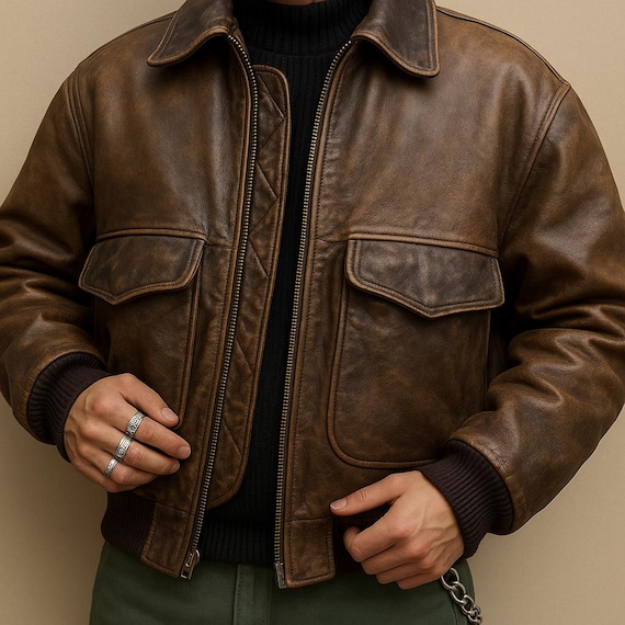 80s Vintage Brown Cowhide Leather Bomber Jacket: Handmade Aviator