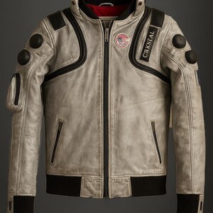 May include: A light gray leather jacket with black accents, a zip-up front, and a ribbed black hem and cuffs. The jacket features a high collar, multiple pockets, and patches with text and a logo. The word "CRKSTAL" is printed on the right shoulder.