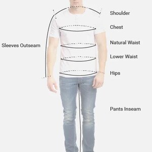 May include: A person wearing a white Henley shirt and blue jeans. The image shows measurement lines for shoulder, chest, waist, hips, and inseam. The person is wearing brown shoes.
