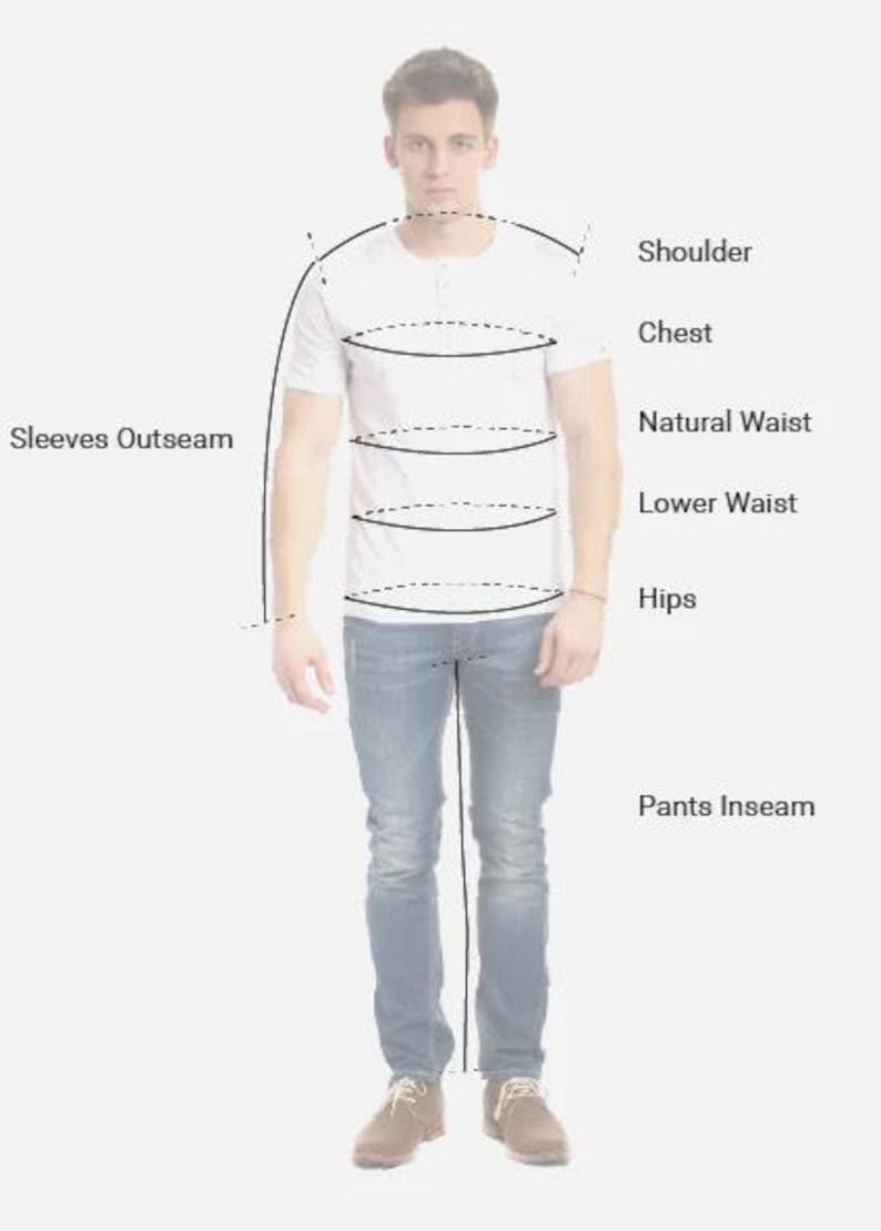 May include: A person wearing a white Henley shirt and blue jeans. The image shows measurement lines for shoulder, chest, waist, hips, and inseam. The person is wearing brown shoes.