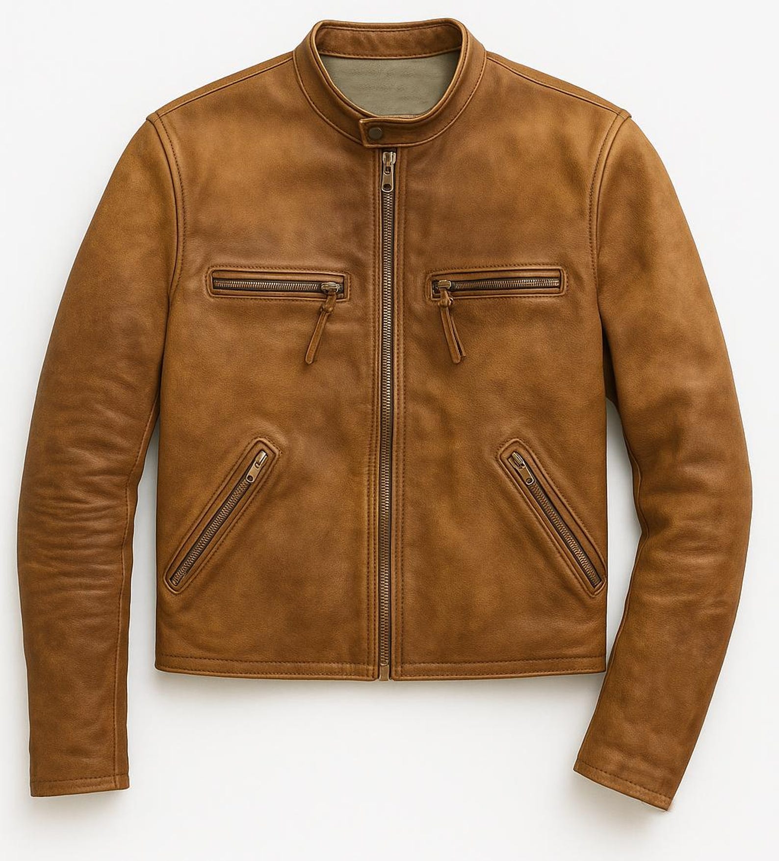 Cafe Racer Italian Style Biker Jacket Wax Tan Genuine Cowhide Leather ...