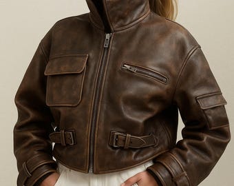Vintage Cropped Sheepskin Leather Biker Jacket: Womens Oversized Moto Coat