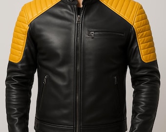 Black & Yellow Cafe Racer Sheepskin Leather Biker Jacket