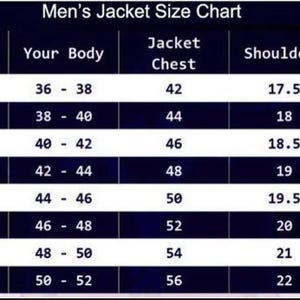 May include: A size chart for men's jackets, with measurements in inches. The chart includes sizes from XSmall to XXXXLarge, detailing chest, shoulder, and sleeve dimensions for each size. The text "Men's Jacket Size Chart" is at the top.