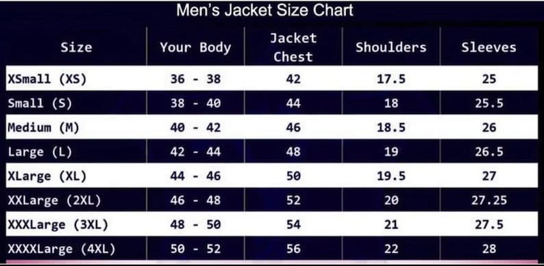 May include: A size chart for men's jackets, with measurements in inches. The chart includes sizes from XSmall to XXXXLarge, detailing chest, shoulder, and sleeve dimensions for each size. The text "Men's Jacket Size Chart" is at the top.