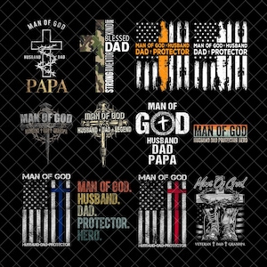 Może przedstawiać: Zbiór grafik o tematyce religijnej i patriotycznej. Projekty zawierają krzyże, amerykańskie flagi i teksty takie jak "Man of God", "Husband", "Dad" i "Protector". Paleta kolorów obejmuje czerń, biel oraz różne odcienie czerwieni, niebieskiego i pomarańczowego.