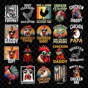 Puede incluir: Una colección de diseños gráficos con temática de gallo. Los diseños presentan gallos con gafas de sol, texto como "Chicken Daddy" y elementos patrióticos. Las imágenes están en varios estilos, adecuados para ropa o accesorios.