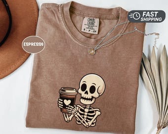 Skeleton Coffee Shirt Halloween Fall Tee Cute Skeleton Drinking Coffee Graphic T Shirt Spooky Season Autumn Outfit Coffee Lover Gift