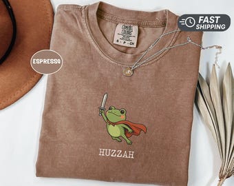 Huzzah Frog with Sword Shirt Comfort Colors Tee Funny Flying Frog Graphic DnD Shirt Fantasy Medieval Frog Gift Renaissance Faire Top