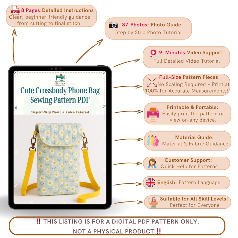 Crossbody Phone Bag Pattern Sewing PDF – Easy Beginner DIY Purse With ...