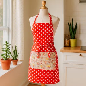 May include: A red polka dot apron with a floral pocket is displayed on a mannequin. The apron has a halter neck and a tie at the waist. The background includes a window with plants and a kitchen counter.